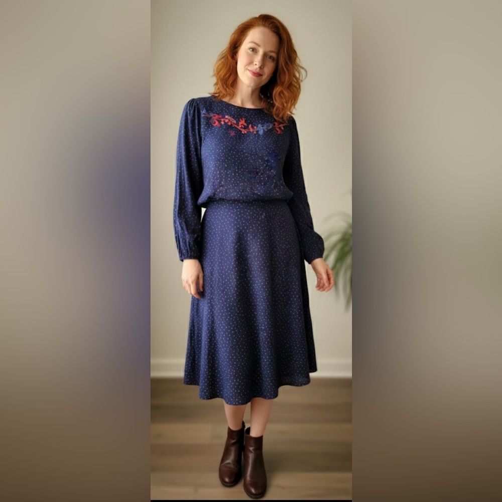FLORA KUNG Vintage Blue Red Silk L/S Puff Shoulder Blouse & Skirt 4-6/Medium